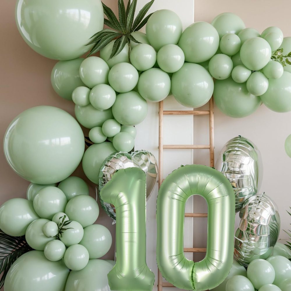 Sage Green Number 10 Balloons, Green 10 Number Balloons, 10th Number Balloons, Olive Green Cream Wihle Foil Star Heart Balloons With Long Balloons For 10th Birthday Party 1st Baby Shower Decorations - Image 3