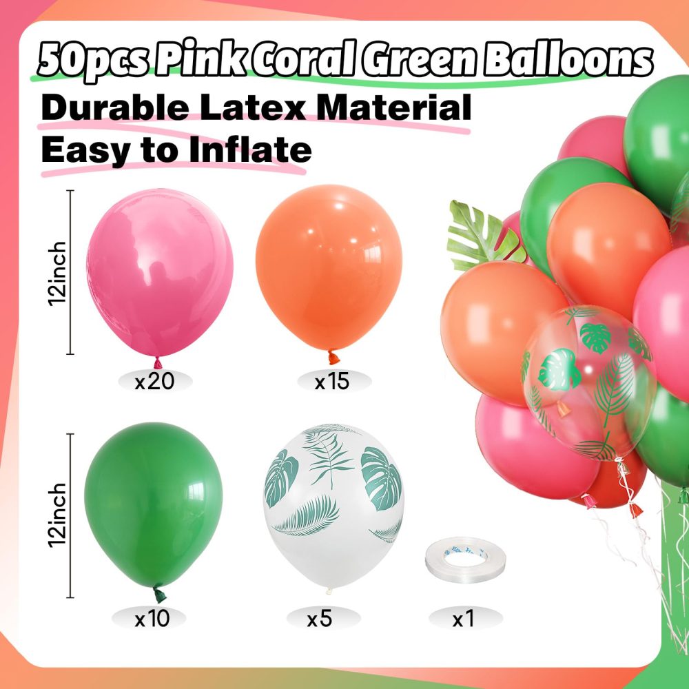 Tropical Balloons Pink Green Rose Balloons for Flamingo Hawaiian Luau Party Decorations Summer Aloha Birthday Decor with Tropical Leaf Printed Balloon 12INCH Pink Green Helium Latex Balloons for Arch - Image 7