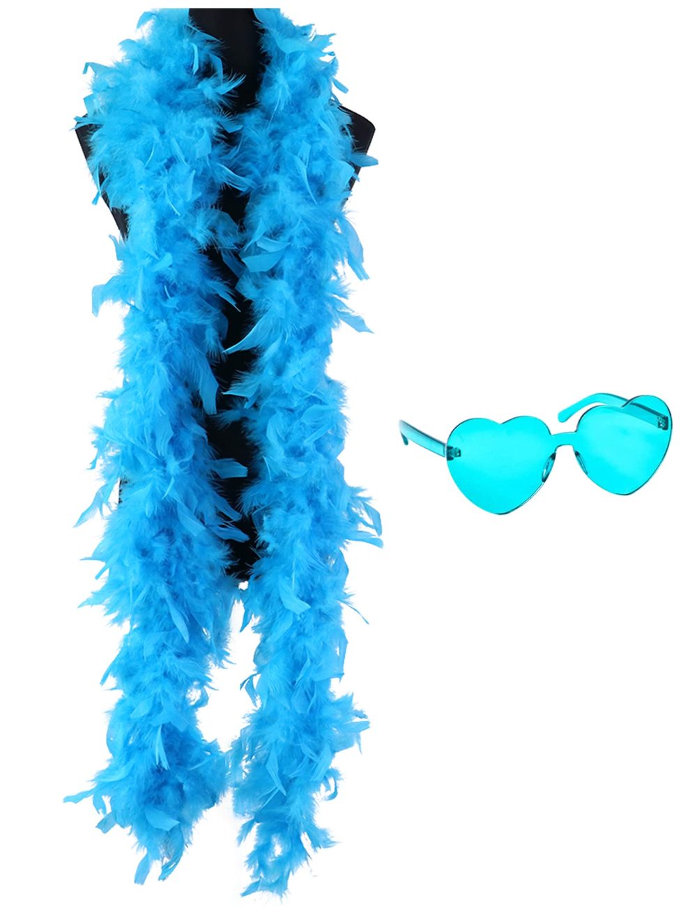 db11 Colorful Feather Boas, 6.6ft Feather Boa for Women for Dancing Wedding Party Cosplay Halloween,with Heart Rimless Sunglasses (Lake Blue)