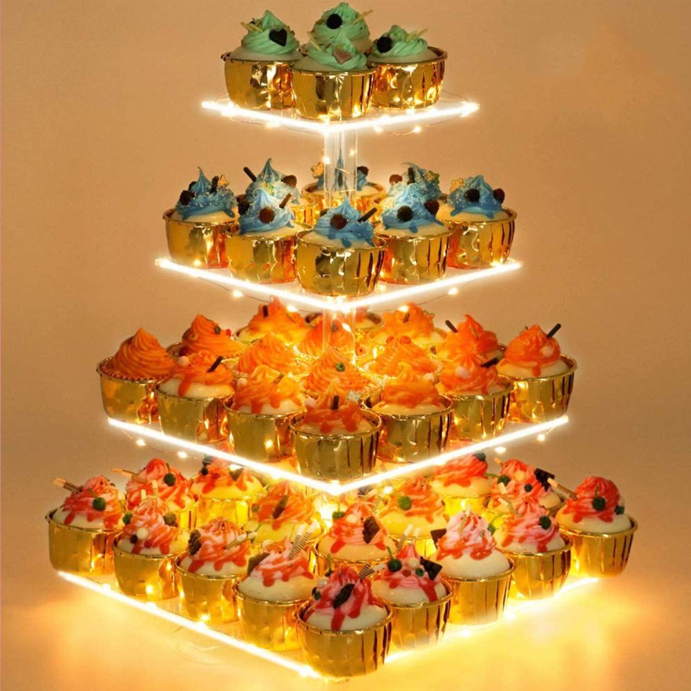 4 Tier Cupcake Stand Acrylic Tower Display with LED Light Premium Holder Dessert Tree Tower for Birthday Cady Bar Décor Weddings, Parties Events (Yellow Light)