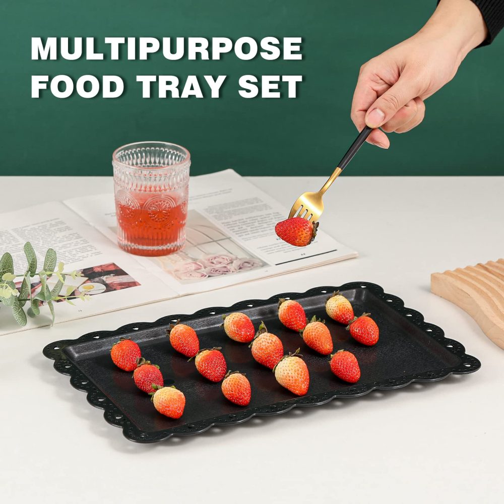 Plastic Serving Trays Food Tray - 14" x 9" Black Rectangle Serving Platter for Party | Cafeteria | Kitchen | Restaurant - Set of 4 Small Flat Trays for Dessert | Fruit | Cookie | Snack | Appetizer - Image 5