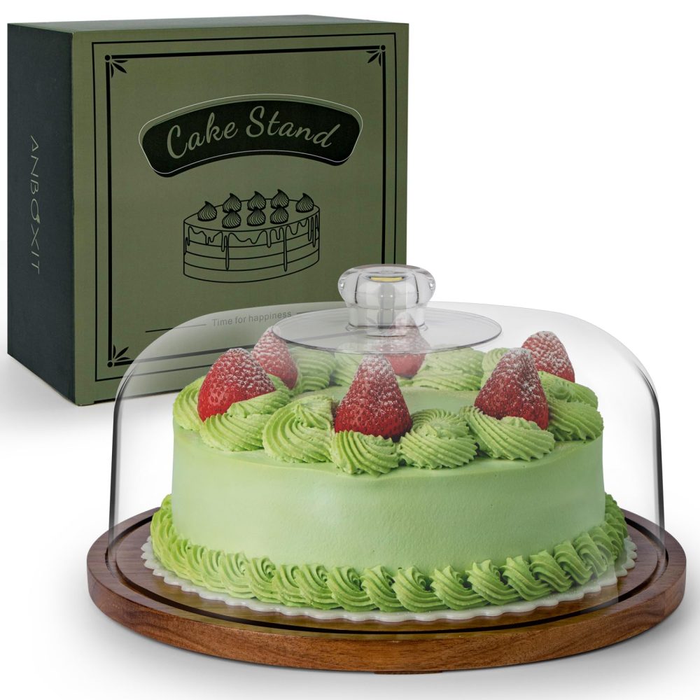 ANBOXIT Cake Stand with Dome Lid, Acacia Wood Cake Plate with Cover, Wooden Cake Display Stand with Acrylic Dome ( Flat )