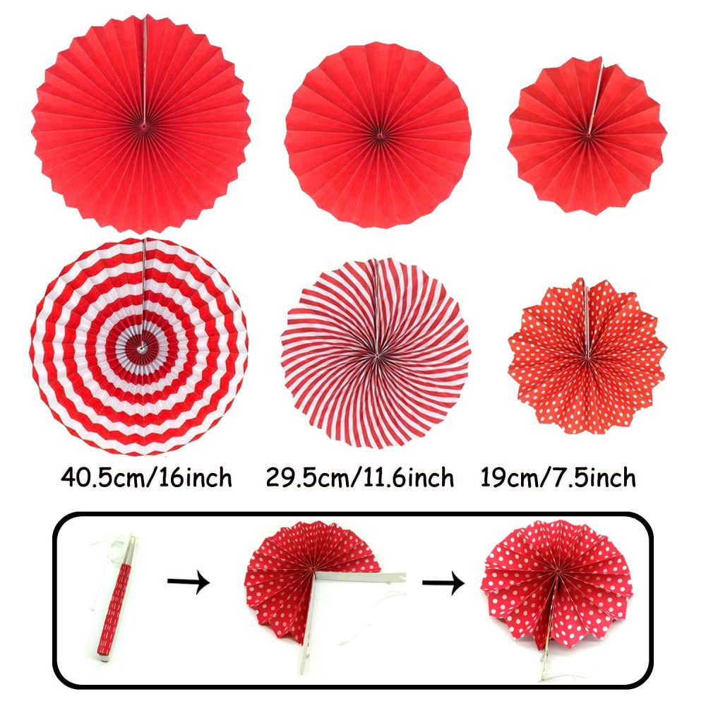 ZERODECO Party Decoration, 21 Pcs Red Hanging Paper Fans Pom Poms Flowers, Garlands String and Triangle Bunting Flags for Birthday Parties Baby Showers Wedding - Image 7