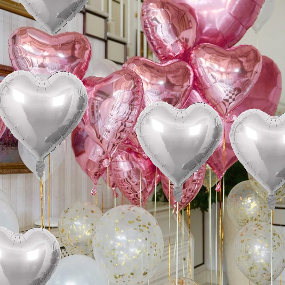 20PCS 46CM Heart Balloons Heart Foil Balloons Mylar Heart Balloons Metallic Aluminum Balloons Romantic Party Decor Balloons for Valentines Day Birthday Wedding Bridal Decor (pink silver) - Image 6