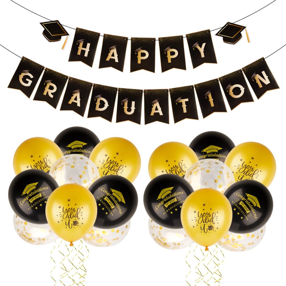 Happy Graduation Banner with Confetti Balloons Graduation Bunting Congrats Grad Class Photo Props Black and Gold Backdrop for Graduation Party Decoration