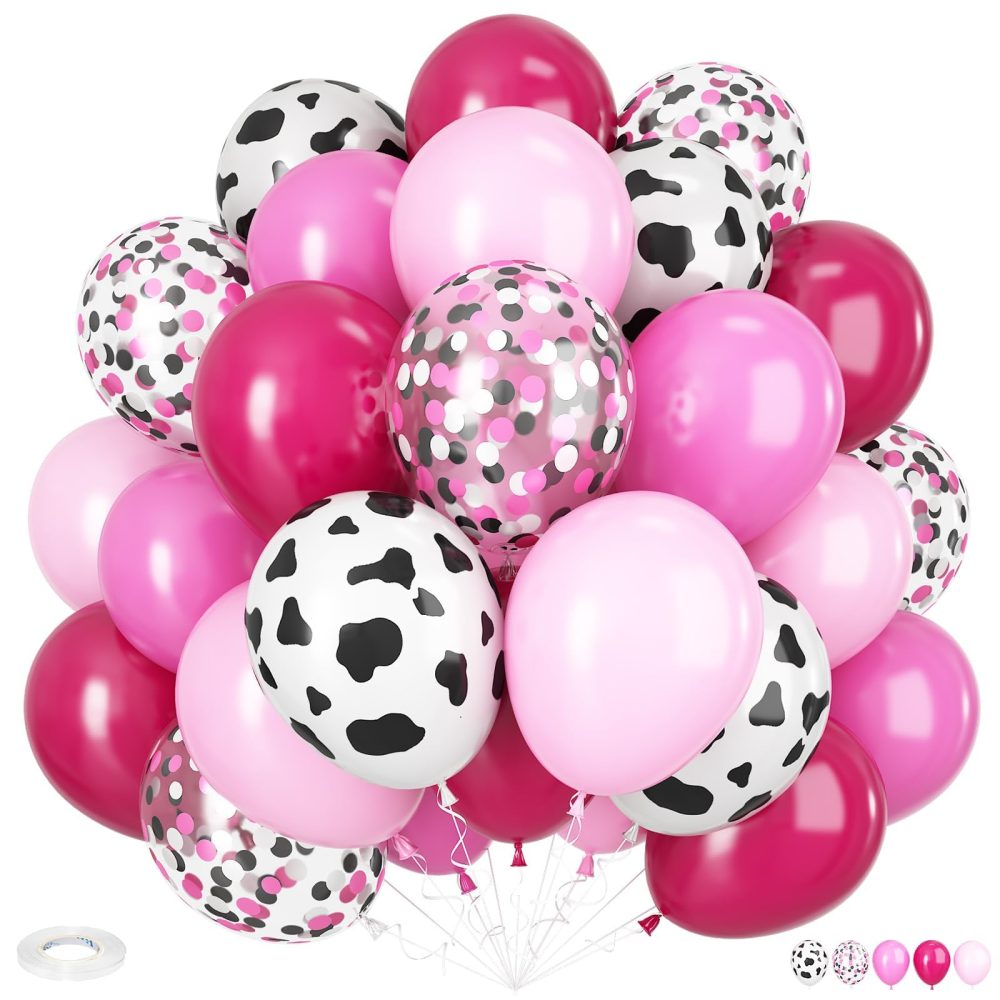 Cow Balloons, 12 Inch Cow Print Balloons Hot Pink Balloons, Cow and Pink Balloons Pastel Pink and Black Confetti Balloons for Cowgirl Theme Bithday Baby Shower Rodeo Farm Western Party Decorations