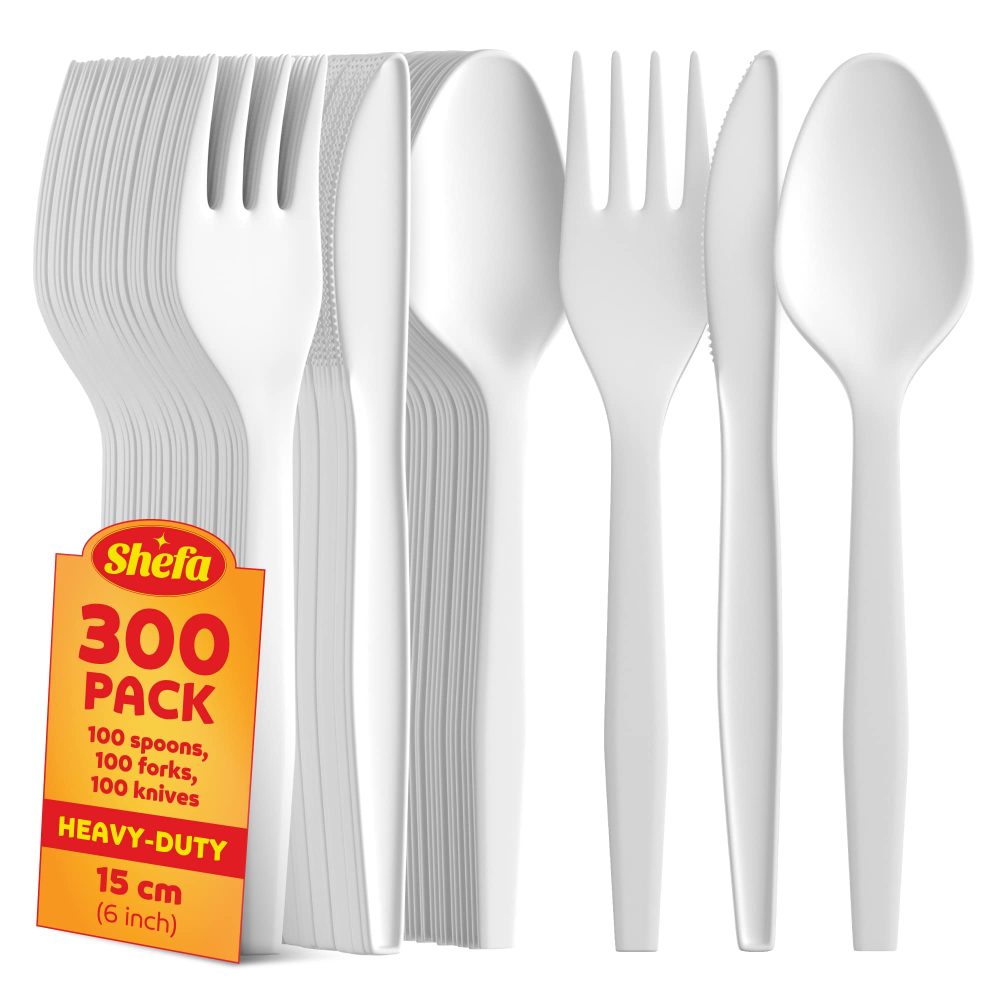 Shefa 300 Premium White Reusable Cutlery Set - 100 Spoon, 100 Fork, 100 Knife - Reusable & Washable, Heavy Duty Cutlery, 6" Long Tablespoon - Ideal for Birthday, Parties, Camping, Catering