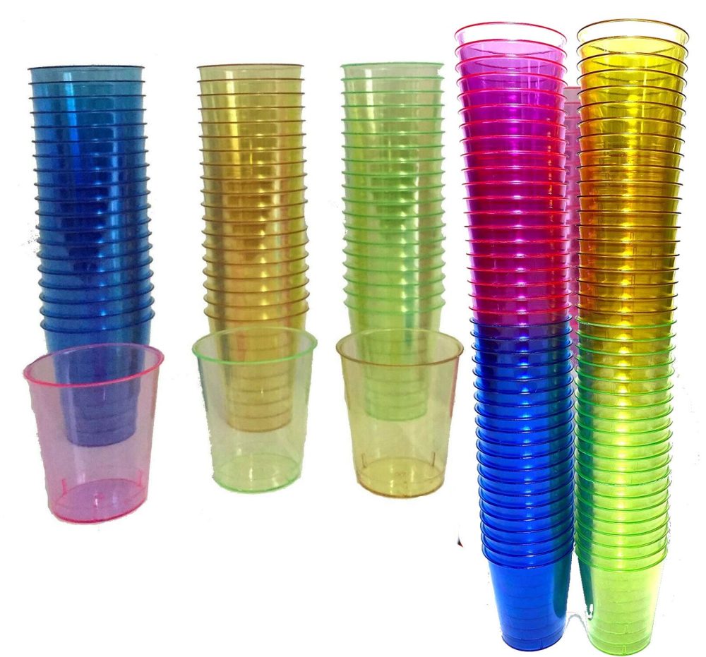 320 Plastic Shot Glasses, Colourful Rainbow 30ml Shot Cups Shots Jelly Sample Desserts, Weddings Birthdays Parties Christmas, Stag, Hen Re-Usable (320)