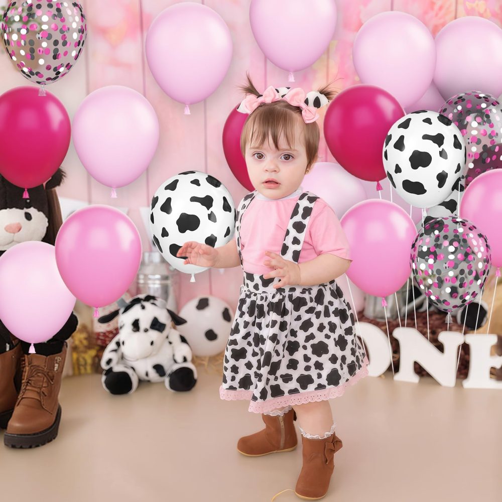 Cow Balloons, 12 Inch Cow Print Balloons Hot Pink Balloons, Cow and Pink Balloons Pastel Pink and Black Confetti Balloons for Cowgirl Theme Bithday Baby Shower Rodeo Farm Western Party Decorations - Image 5