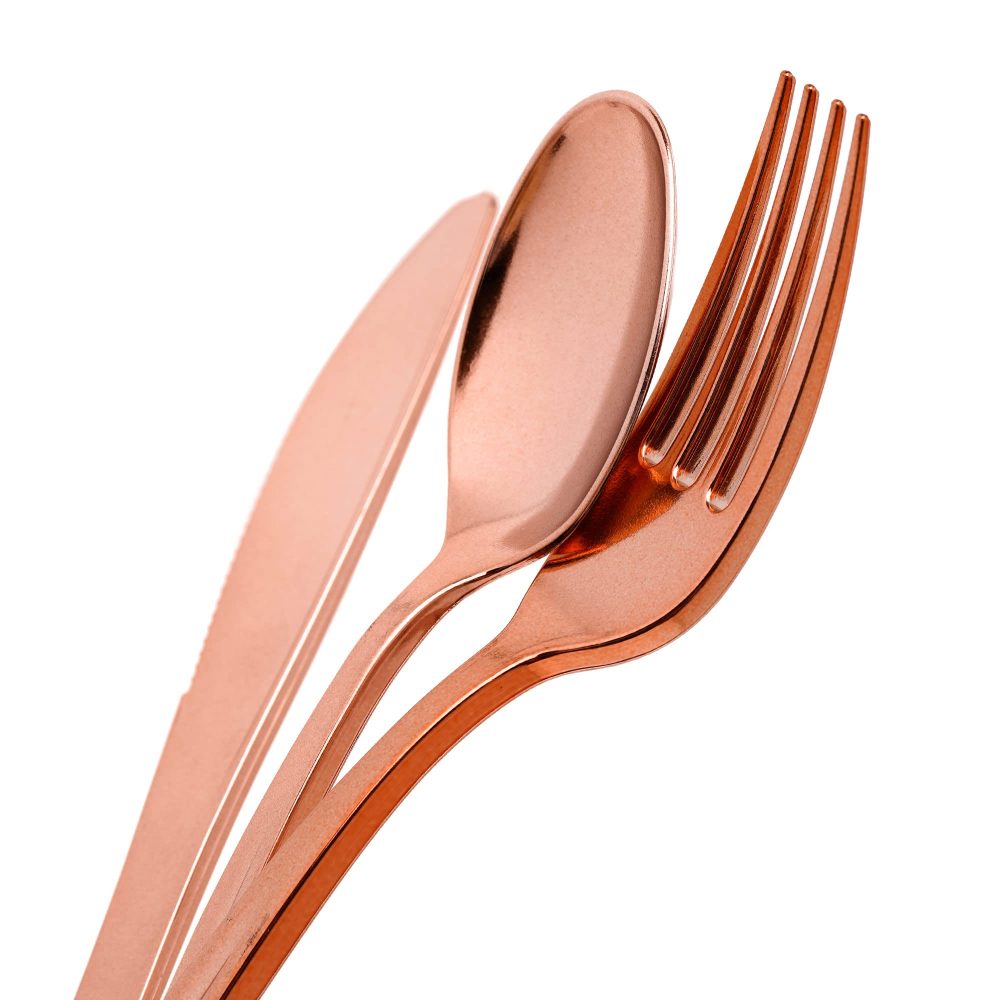 STACKABLES ~ 10 Pack Cutlery Sets ~ Elegant Plastic Silverware Set with Spoon Fork Knife Wrapped in White Napkin Reusable Flatware (Rose Gold) - Image 5