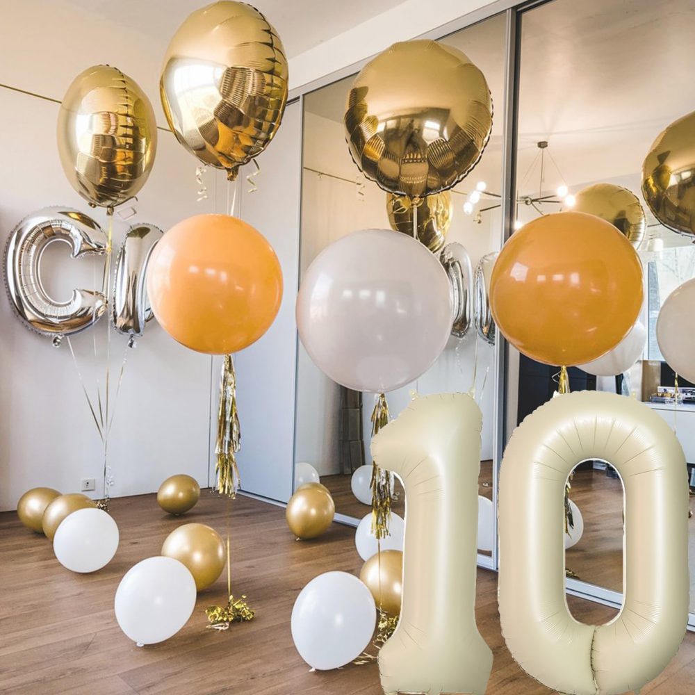 10 Cream White Balloons, 10 Number Balloons Set, 40inch Beige 10 Balloons, Brown Nude Sand White Foil Star Heart Balloons With Two Long Balloons For 10th Birthday Party 1st Baby Shower Decorations - Image 3