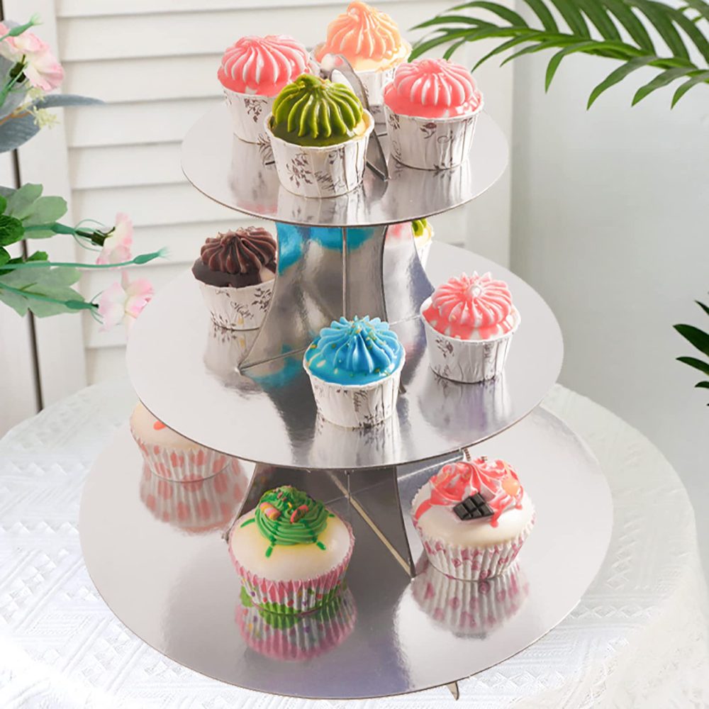 WUWEOT 4 Pack Round Cardboard Cupcake Stand, 3-Tier Silver Cupcake Holder Dessert Tower for 24 Cupcakes, Perfect for Wedding, Birthday Party, Baby Shower and Graduation - Image 7