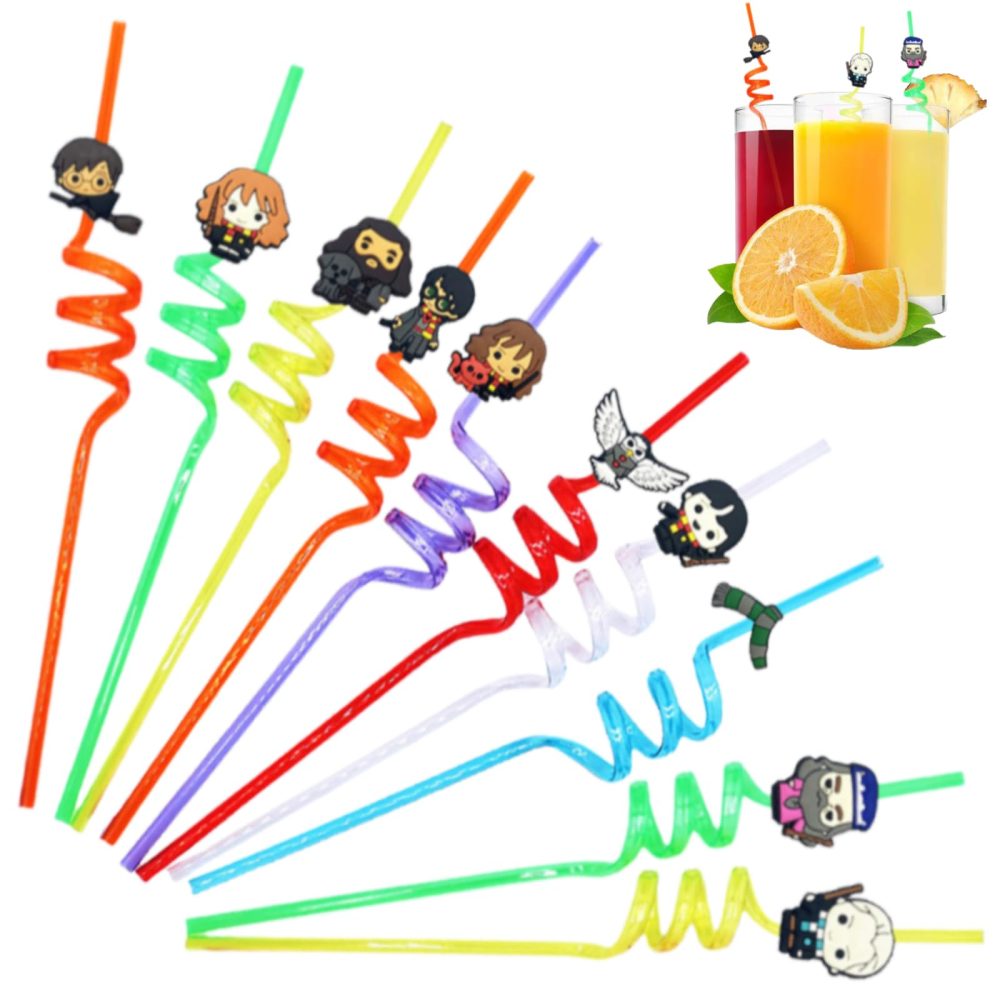 TYXHXTF 10 Pcs Harry Theme Reusable Drinking Straws, Plastic Straws Colourful Curly Straws Harry Birthday Party Decorations Supplies Cocktail Straws Party Straws for Magic Wizard Theme Party Favors