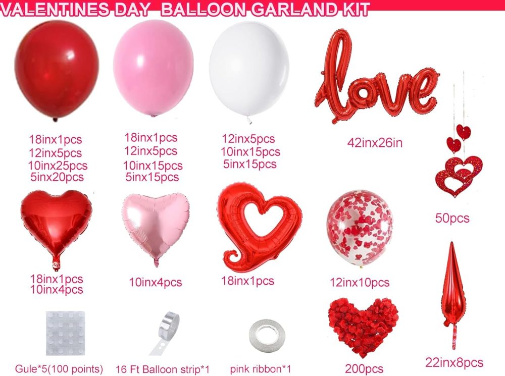 156pcs Valentines Day Balloon Garland Arch Kit with Pink White Red Confetti Heart Balloons Love Foil Balloons Explosion Star Balloons Rose Petals for Anniversary Wedding Romantic Decorations Supplies - Image 2