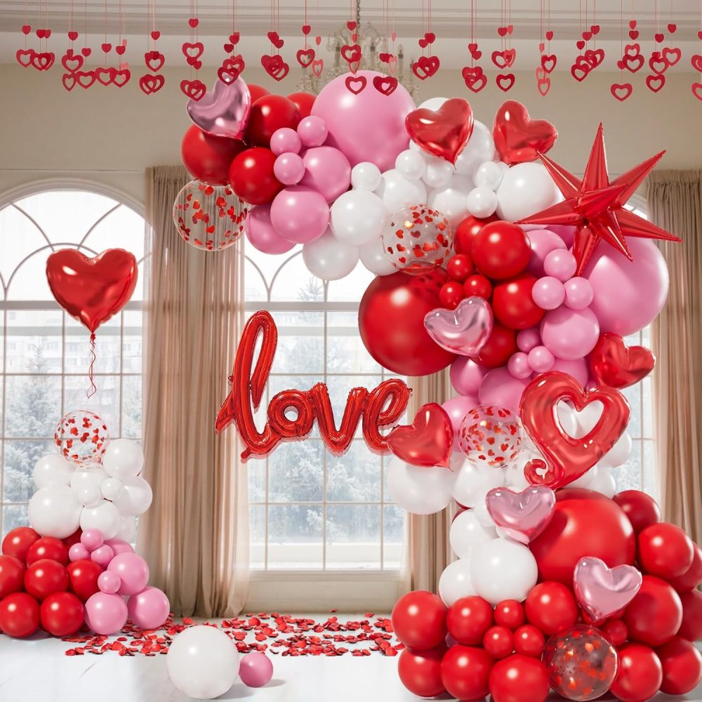 156pcs Valentines Day Balloon Garland Arch Kit with Pink White Red Confetti Heart Balloons Love Foil Balloons Explosion Star Balloons Rose Petals for Anniversary Wedding Romantic Decorations Supplies - Image 4