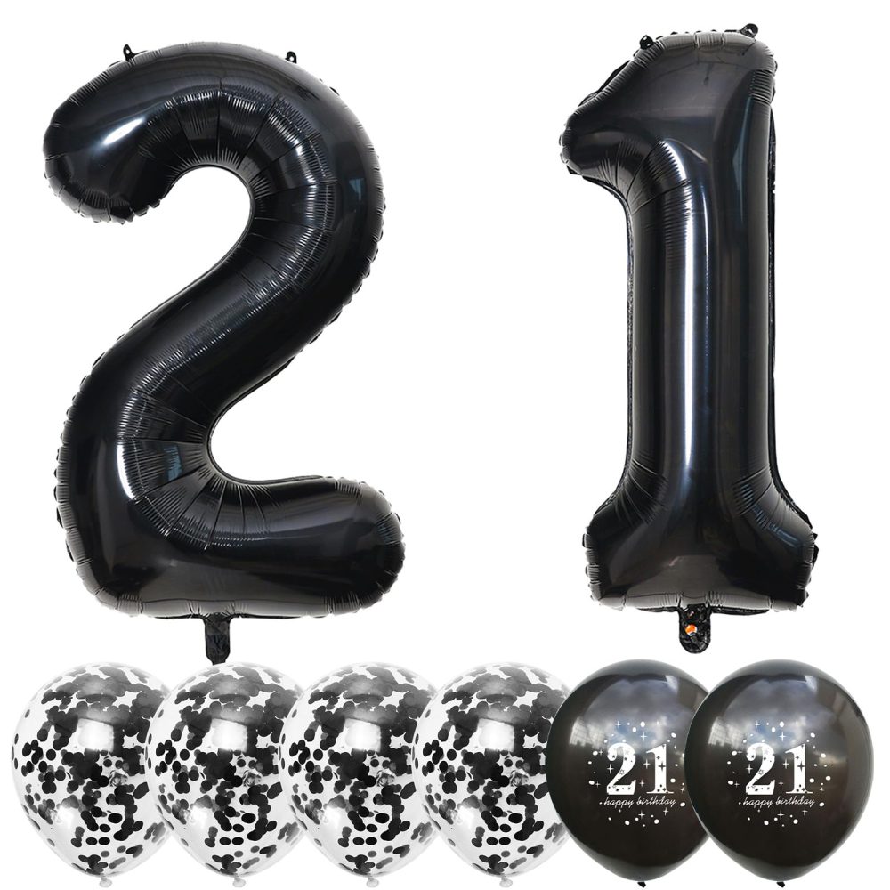 21st Birthday Balloons Black, 21st Birthday Decorations for Him with Large Number 21 Foil Balloon Birthday Print Confetti Balloons Metallic Black Latex Balloons for Her Girls Boys Bday Decor Supplies - Image 2