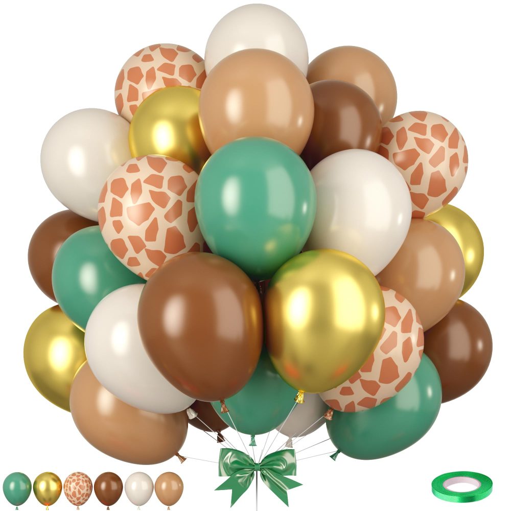 Safari Balloons, 50pcs Green Brown Balloons, Sage Green Green Apricot Balloons, Giraffe Print Jungle Balloons for Jungle Safari Woodland Wild One Theme Birthday Baby Shower Wedding Decorations