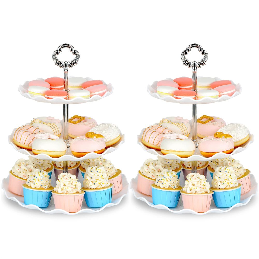 NWK Pack of 2 Large Stable 3-Tier Cupcake Stand 30cm Height Plastic Cake Stand Food Round Display for Wedding Birthday Graduation Afternoon Tea Party (Silver, Large) - Image 6