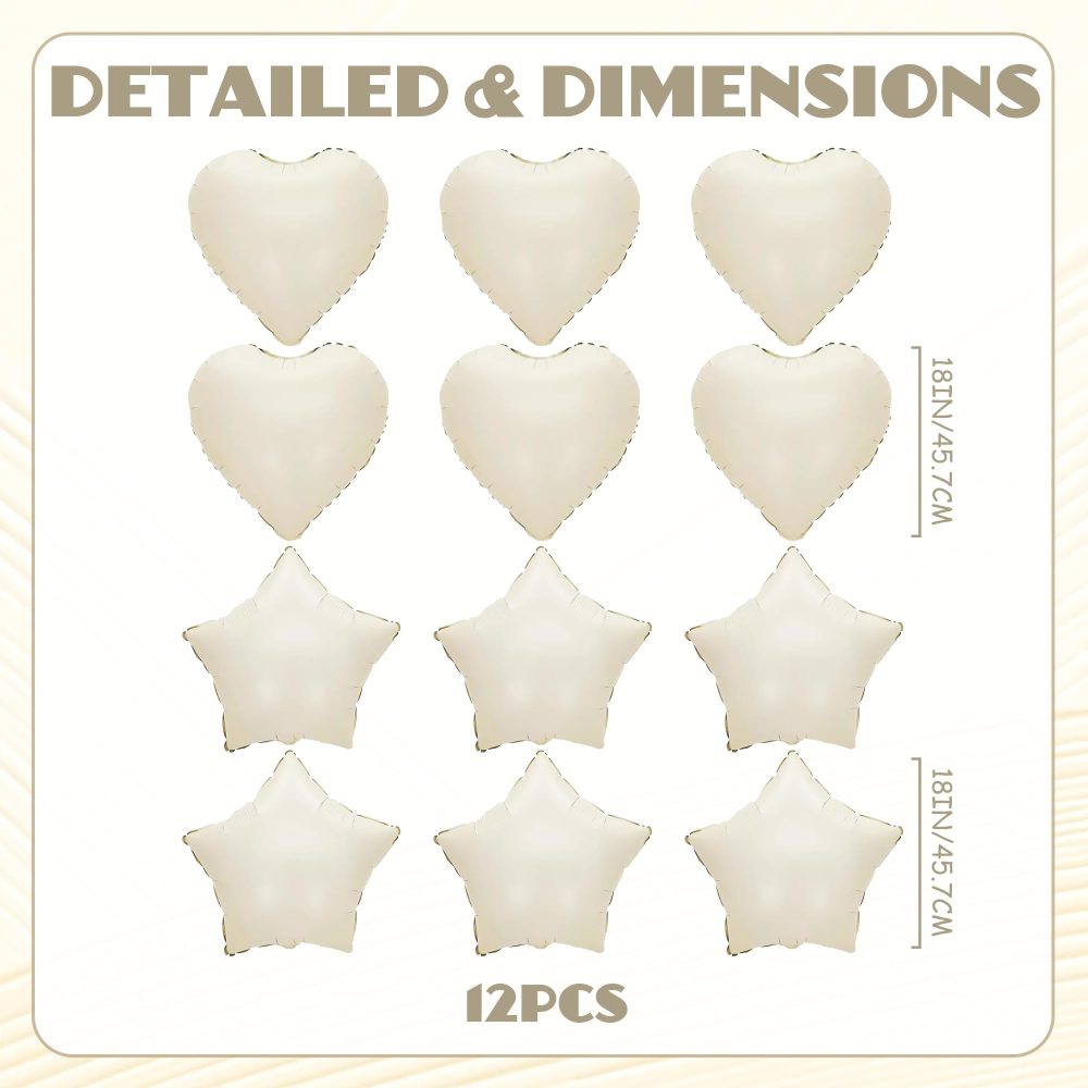 Cream White Star Heart Balloons - 12 Pieces Sand White Foil Balloons 18 Inch Cream Heart Foil Balloons 18 Inch Star Foil Balloons Helium Balloon for Valentine's Day Wedding Birthday Party Decorations - Image 6