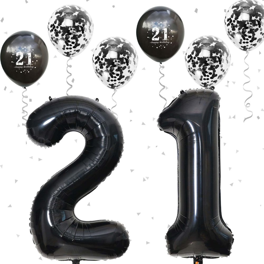 21st Birthday Balloons Black, 21st Birthday Decorations for Him with Large Number 21 Foil Balloon Birthday Print Confetti Balloons Metallic Black Latex Balloons for Her Girls Boys Bday Decor Supplies