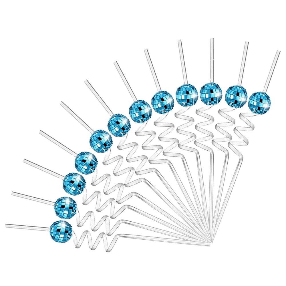 12 Piece Mirror Disco Ball Straws, 1970s Mini Disco Ball Decorative Straws, Reusable Cocktail Straws Glitter Drinking Decor for Party Holiday Wedding Birthday Home Bar Coffee Shop Supplies (Blue)