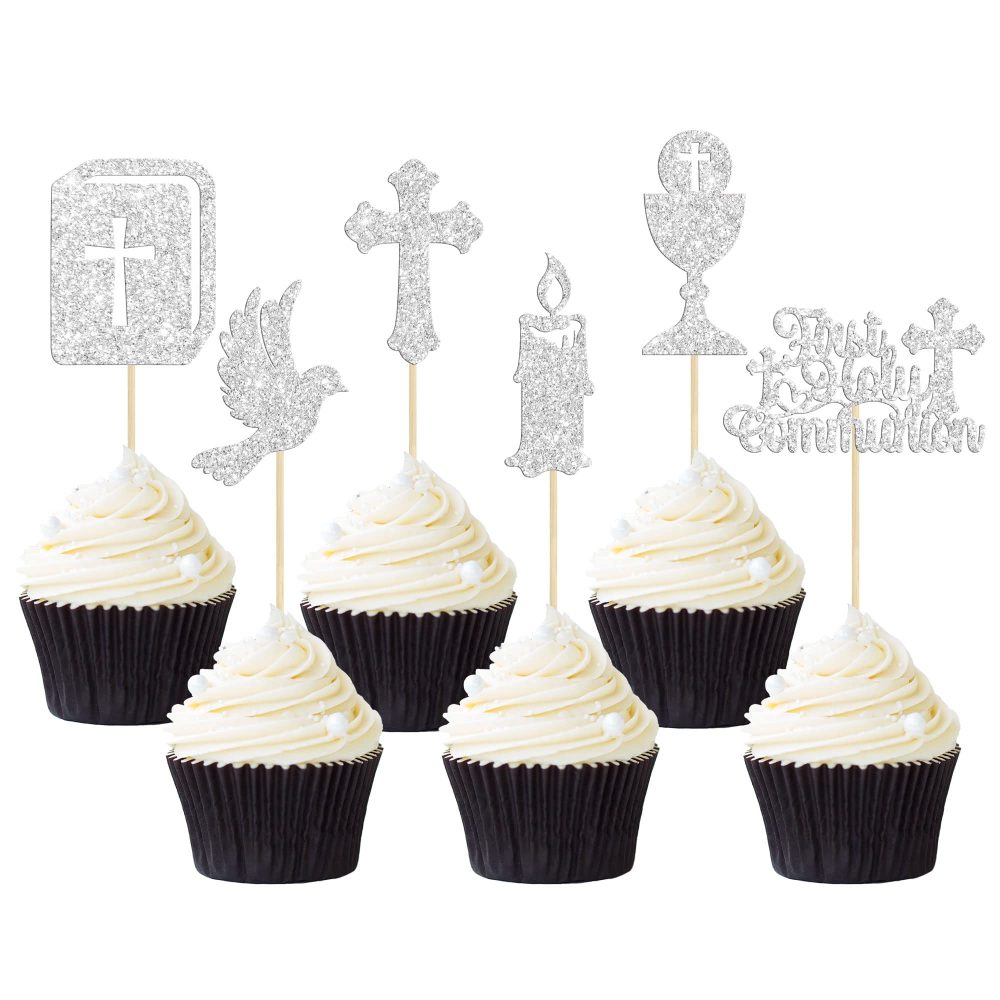 Gyufise 24Pcs First Holy Communion Cupcake Toppers Glitter Dove Cross God Bless and Baptism Cupcake Picks First Communion Theme Baby Shower Birthday Party Cake Decorations Supplies Silver