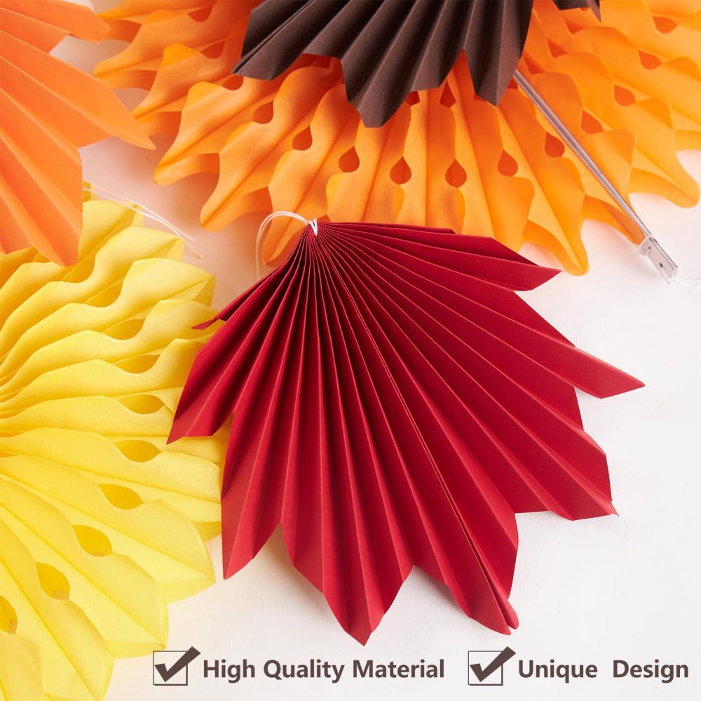 SUNBEAUTY 12 Pcs Orange Hanging Maple Paper Leaves Fans for Fall Party Decorations Hanging Leaf Fall Paper Fans for Autumn Thanksgiving Woodland Birthday Baby Shower Rustic Wedding Party Decorations - Image 5