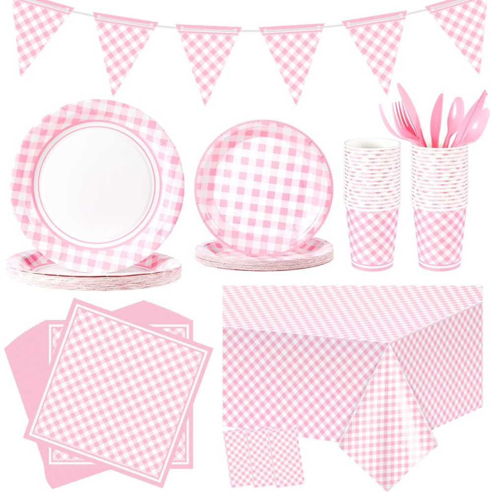 Preboun 198 Pcs Gingham Party Supplies for 24 Guests Checkered Plaid Tablecloth Pennant Banner Plate Cup Napkin and Cutlery for Picnic BBQ Birthday Halloween Christmas Party (Light Pink, White)