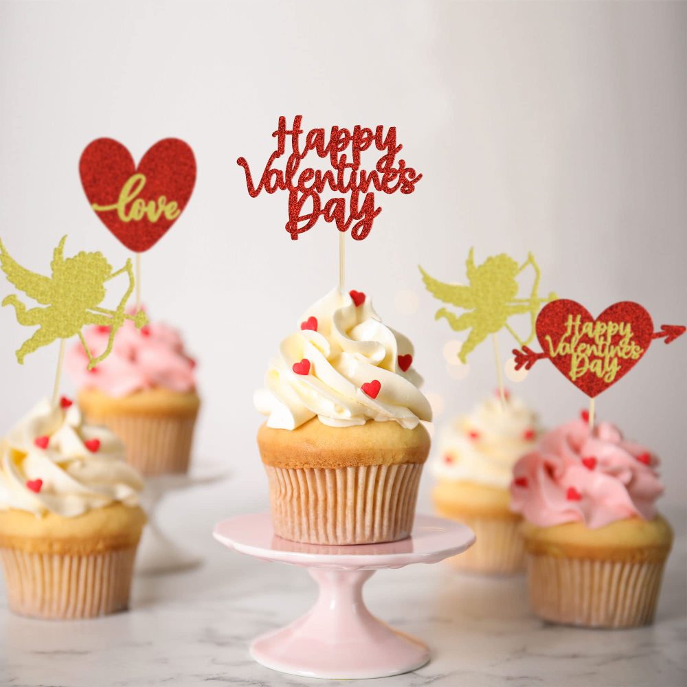 Gyufise 24 Pack Red Gold Glitter Happy Valentine Day Cupcake Toppers Love Heart Cupcake Toppers for Valentine Theme Wedding Engagement Bridal Shower Party Cake Decorations - Image 4