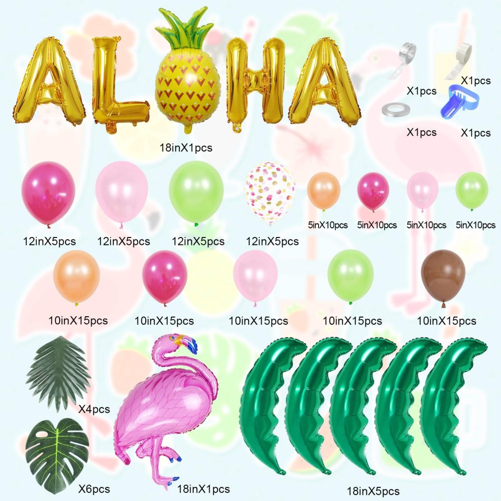 186pcs Tropic Balloons Arch Kit Hawaii Party Decorations ALOHA Flamingo Foil Balloons 10 Tree Leaves Light Green Pink Latex Balloons for Kids Luau Hawaii Beach Summer Party Decorations - Image 7