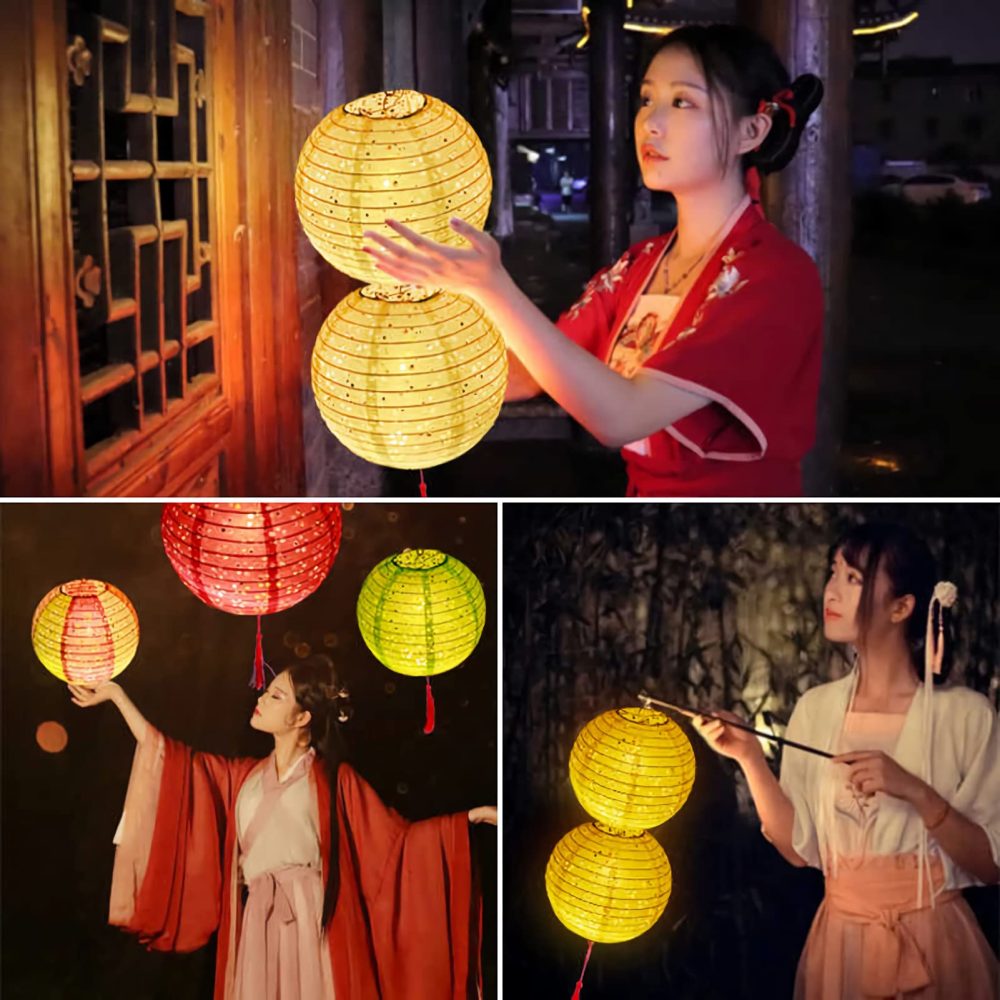 Qlisytpps Paper Lanterns with LED Lights 10 Colours Chinese Japanese Lantern Oriental Style Traditional Asian Bedroom Paper Lamp for Home Wedding Party Decoration 8 Inch (5pcs) Free 2 Spare Lights - Image 9