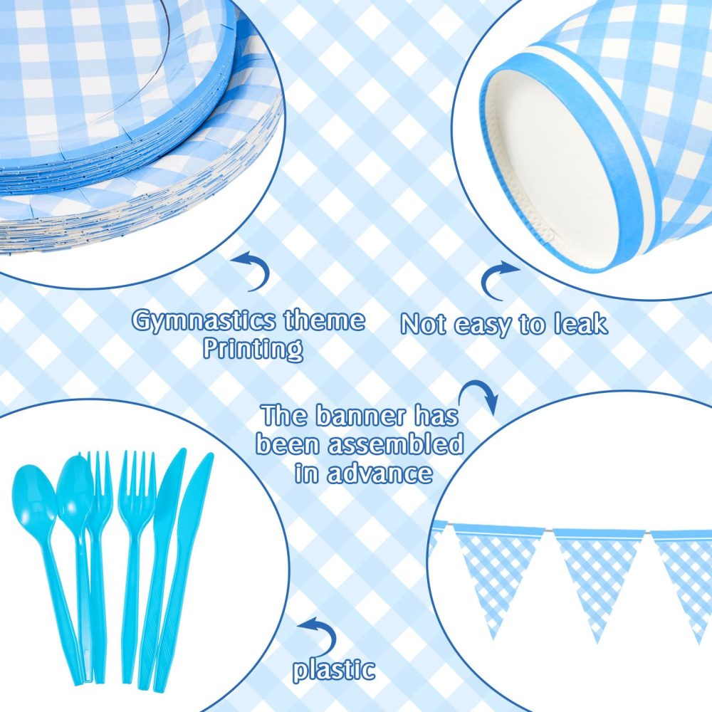 Preboun 198 Pcs Light Blue and White Gingham Party Supplies for 24 Guests Blue Checkered Plaid Tablecloth Pennant Banner Plate Cup Napkin and Cutlery for Picnic BBQ Birthday Halloween Christmas Party - Image 6