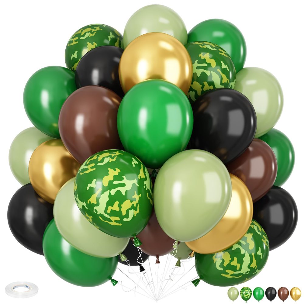 Green and Brown Balloons, 12 Inch Camo Balloons Brown, Sage Green and Metallic Gold Balloons Dark Green and Black Balloons for Army Theme Hunting Camping Jungle Birthday Baby Shower Supplies