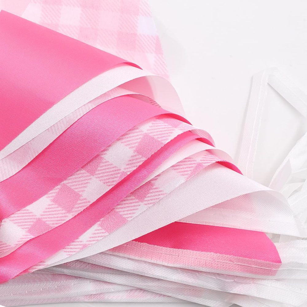 20m 52pcs Pink White Plaid Pennant Bunting,16×22cm Polyester Fabric Reusable Triangle Flags Banner for Indoor Outdoor Birthday Kid Party Decorations - Image 4