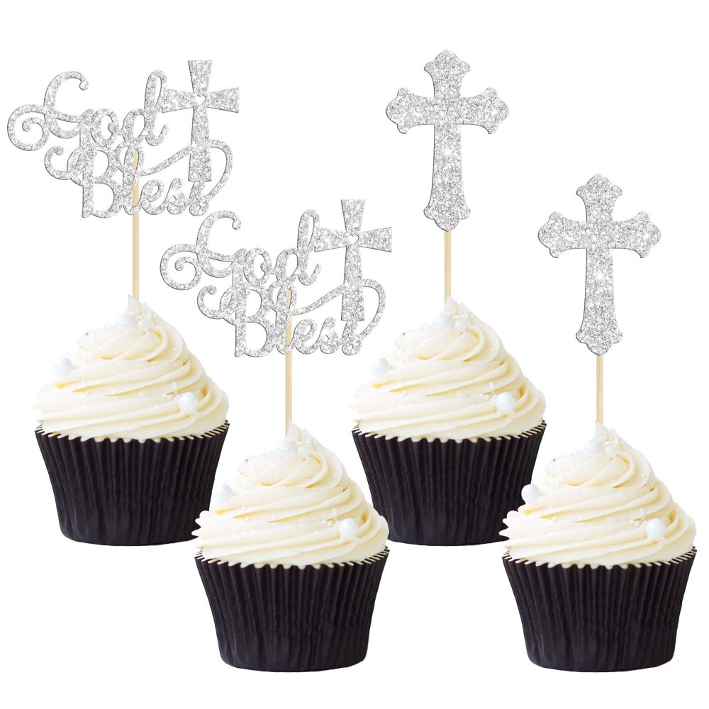 Gyufise 24Pcs God Bless and Baptism Cupcake Toppers Silver Glitter Cross God Bless Cupcake Picks for Christian First Communion Baptism Party Cake Decorations Supplies