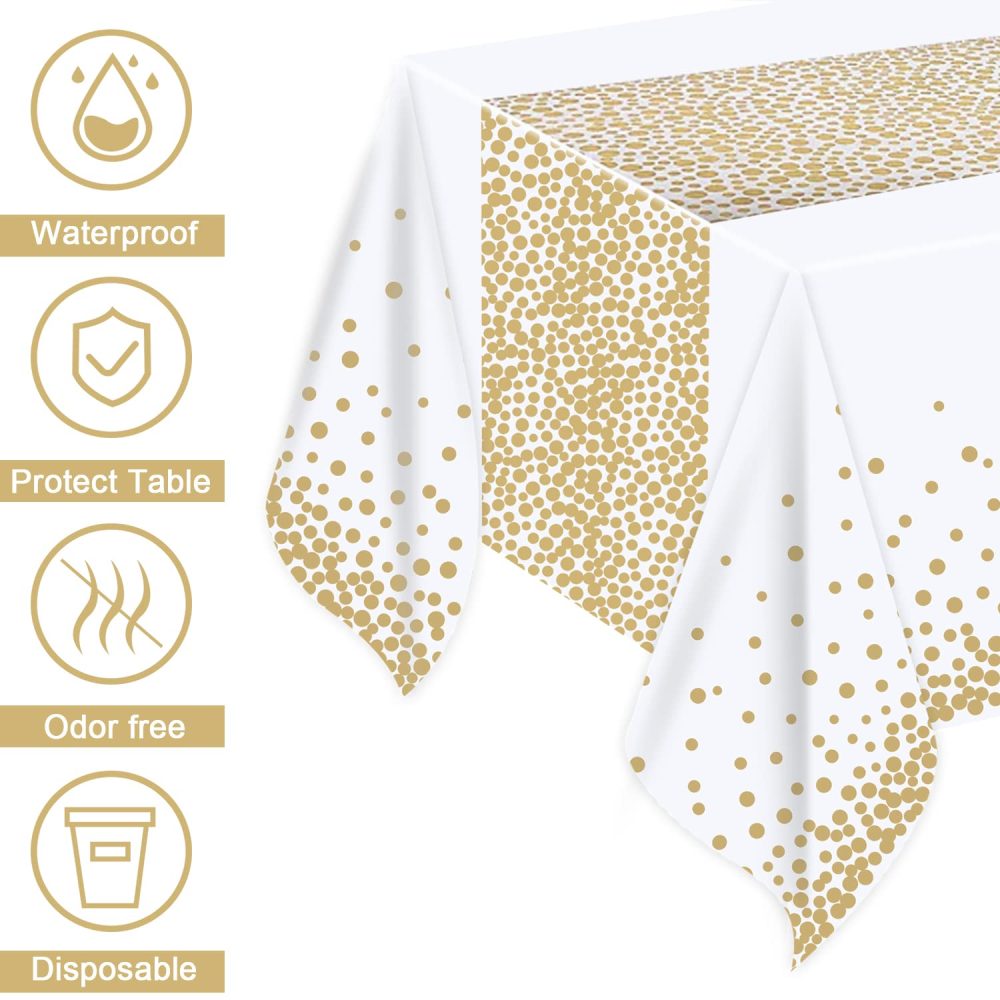 MOKANI Plastic Disposable Tablecloths, 4 Pack Party Table Cover, White and Gold Dot Confetti Rectangular Table Cloths for Parties, Picnic, Christmas, Birthday Baby Shower Decorations 54" x 108" - Image 6