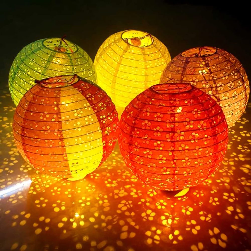 Qlisytpps Paper Lanterns with LED Lights 10 Colours Chinese Japanese Lantern Oriental Style Traditional Asian Bedroom Paper Lamp for Home Wedding Party Decoration 8 Inch (5pcs) Free 2 Spare Lights - Image 2