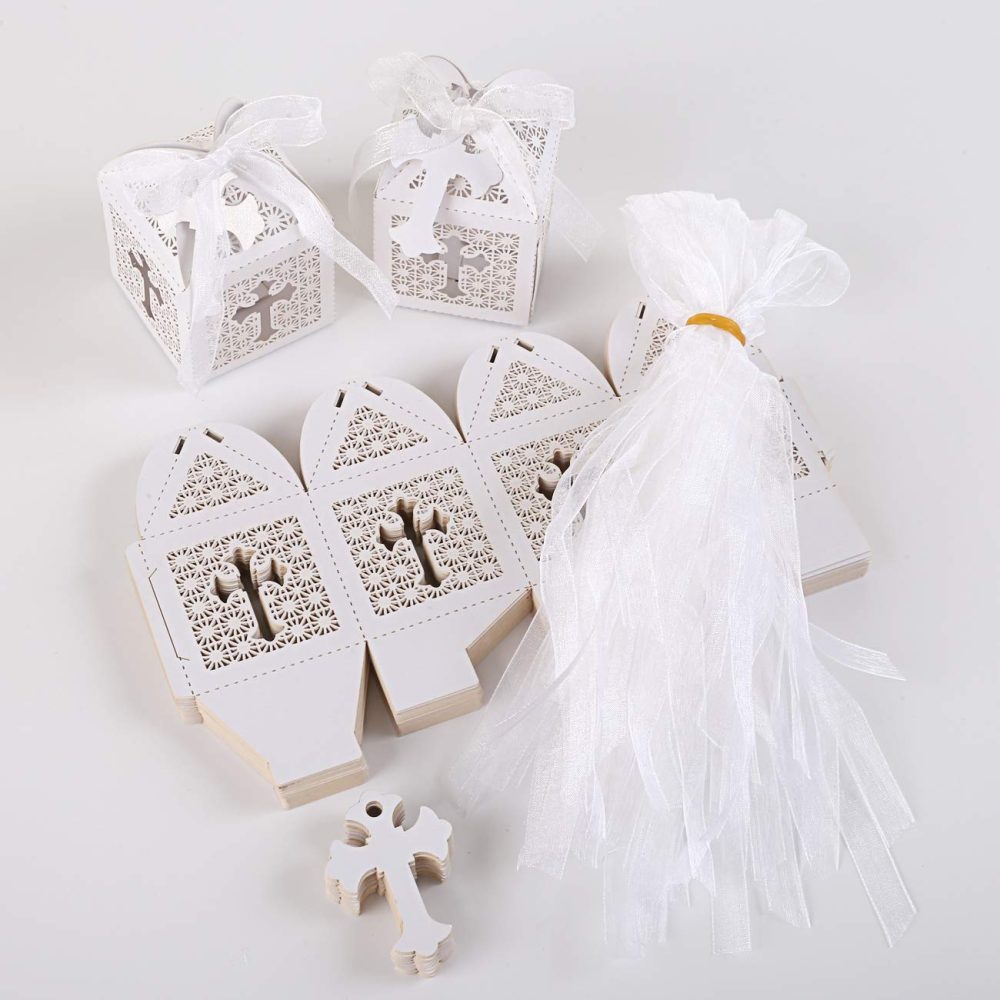 LIHAO 50 PCS Candy Treat Box First Communion Christening Decorations Baptism Favor Boxes Laser Cut Boxes Hollow Cross Favor Gift Box with Ribbons for Wedding Baby Christening Shower Christmas Party - Image 6