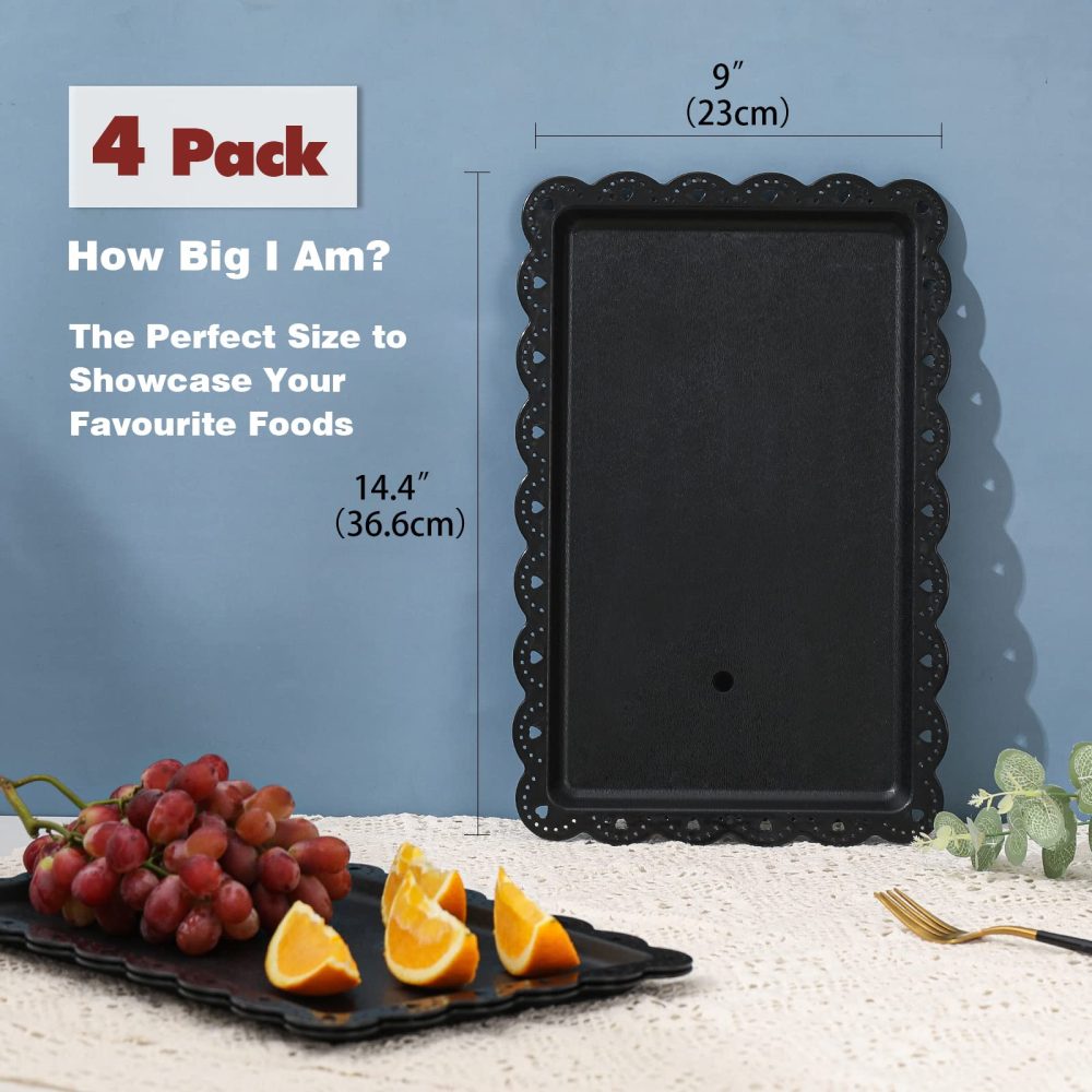 Plastic Serving Trays Food Tray - 14" x 9" Black Rectangle Serving Platter for Party | Cafeteria | Kitchen | Restaurant - Set of 4 Small Flat Trays for Dessert | Fruit | Cookie | Snack | Appetizer - Image 2