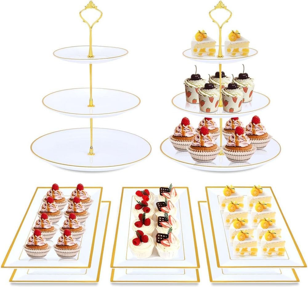 Junw 8PCS Cake Stand Set, Plastic Cupcake Stands with Gold Rim, Dessert Display Stands Set for Wedding Birthday Party Baby ShowerTea Party