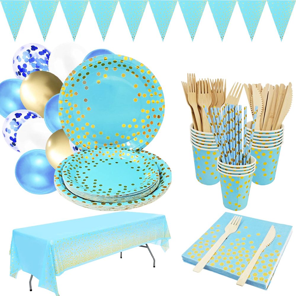 ZhiheHui 143 Pieces Blue and Gold Party Supplies Set, Golden Party Dinnerware, Include Blue Paper Plates Napkins Cups, Plates, Cups, Napkins for Graduation, Birthday, Cocktail Party