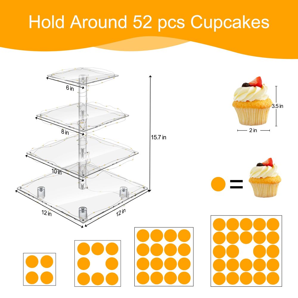 4 Tier Cupcake Stand Acrylic Tower Display with LED Light Premium Holder Dessert Tree Tower for Birthday Cady Bar Décor Weddings, Parties Events (Yellow Light) - Image 5