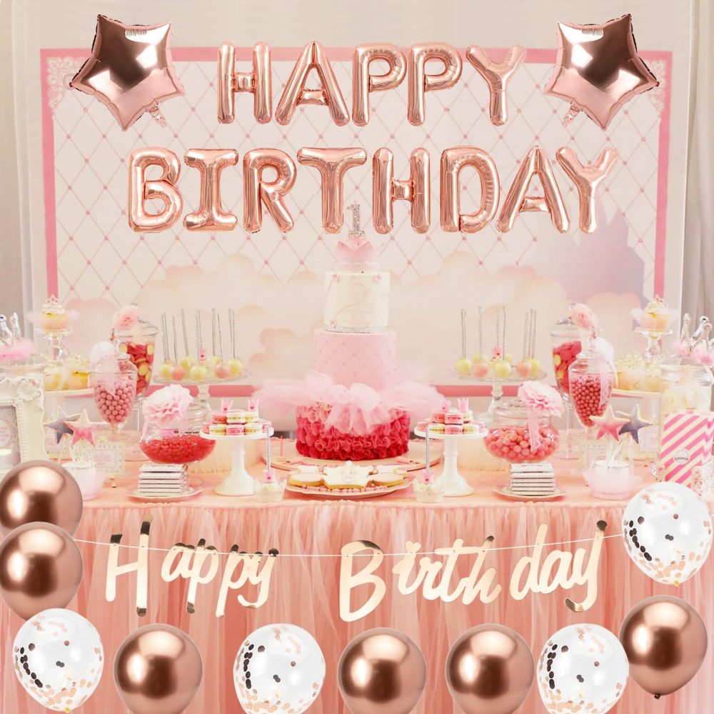 Happy Birthday Balloons, Rose Gold Happy Birthday Balloons Banner for Women Girls, Birthday Banner Foil Balloons Self Inflating with Latex Balloons Confetti Balloons for Happy Birtyday Decorations. - Image 2