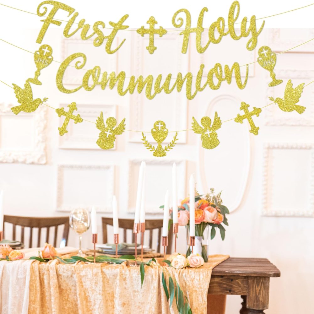 3 First Holy Communion Decorations banner,Confirmation Banners Baptism Decoration Christening for Boys Girls Bunting Gifts,Personalised Gold Frist Communion Paper Banne,for Balloons Cake Party Decor - Image 6