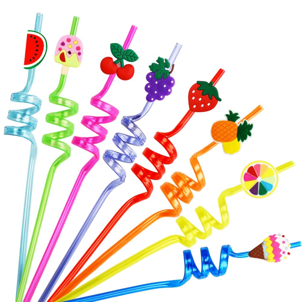 Ynaice 8 Pieces Reusable Drinking Straws Plastic Novelty Straws Colourful Curly Straws Ice Cream Fruit Party Straws for Adults Kids Birthday Party Favors Family Party Decorations Supplies