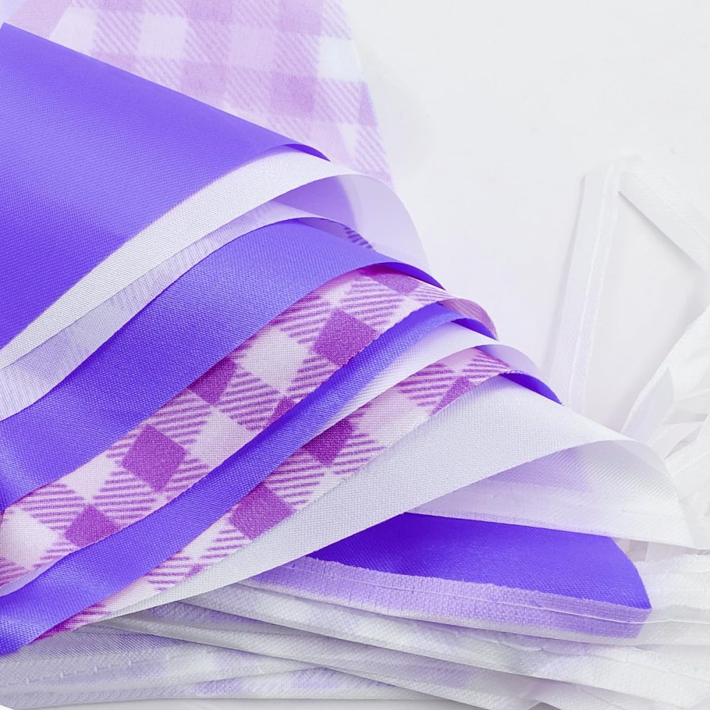 20m 52pcs Purple White Plaid Pennant Bunting,16×22cm Polyester Fabric Reusable Triangle Flags Banner for Indoor Outdoor Birthday Kid Party Decorations - Image 4