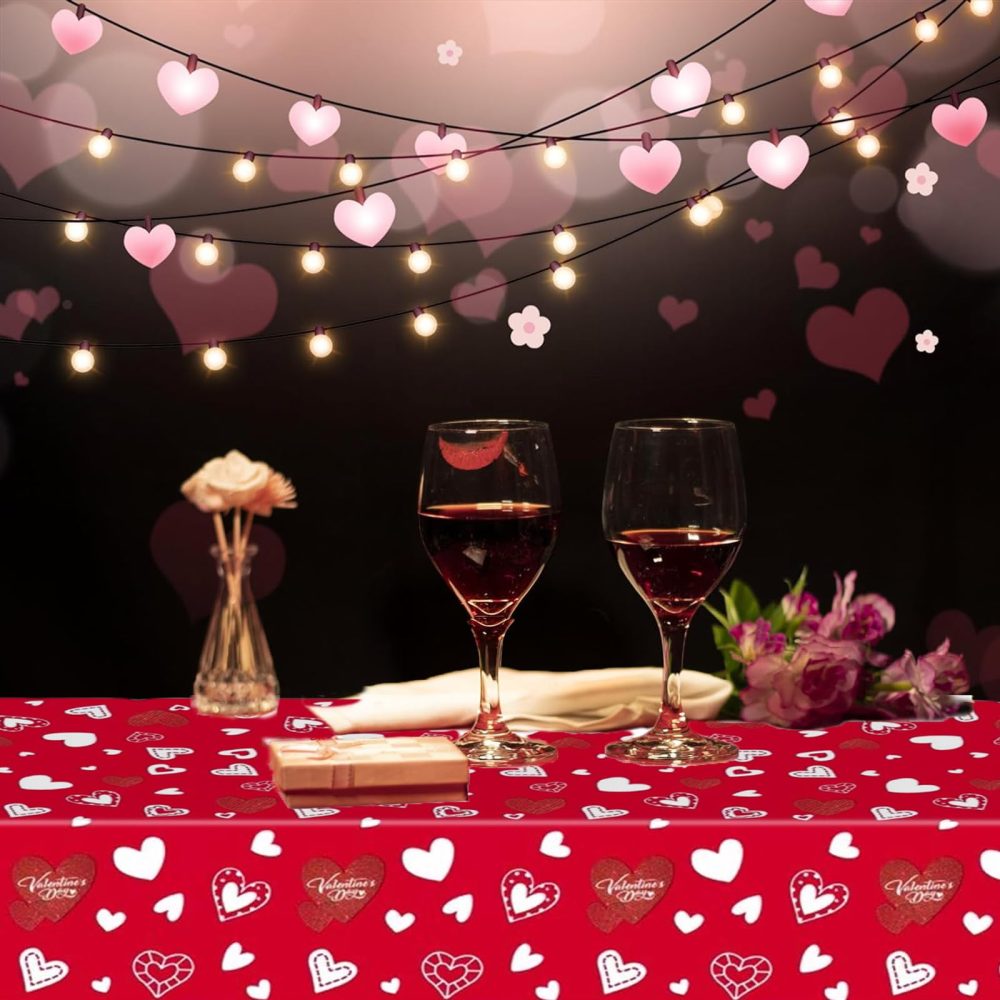 COSORO 137 * 274cm Valentines Day Tablecloths Party,Valentines Table Cloth Plastic Red Heart Rectangle Waterproof Table Cover for Valentine's Day Decorations Birthday Wedding Anniversary Party Decor - Image 2