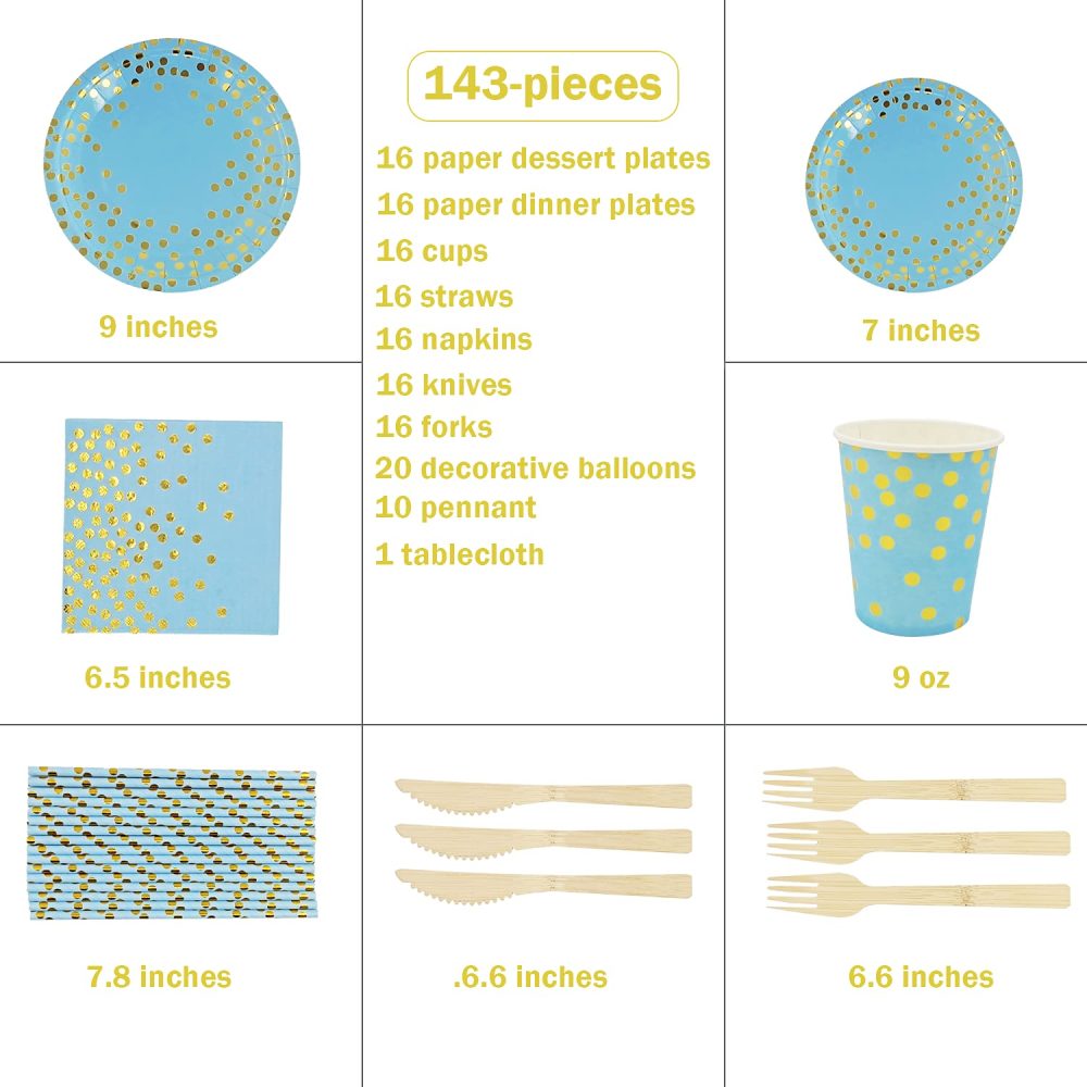 ZhiheHui 143 Pieces Blue and Gold Party Supplies Set, Golden Party Dinnerware, Include Blue Paper Plates Napkins Cups, Plates, Cups, Napkins for Graduation, Birthday, Cocktail Party - Image 5