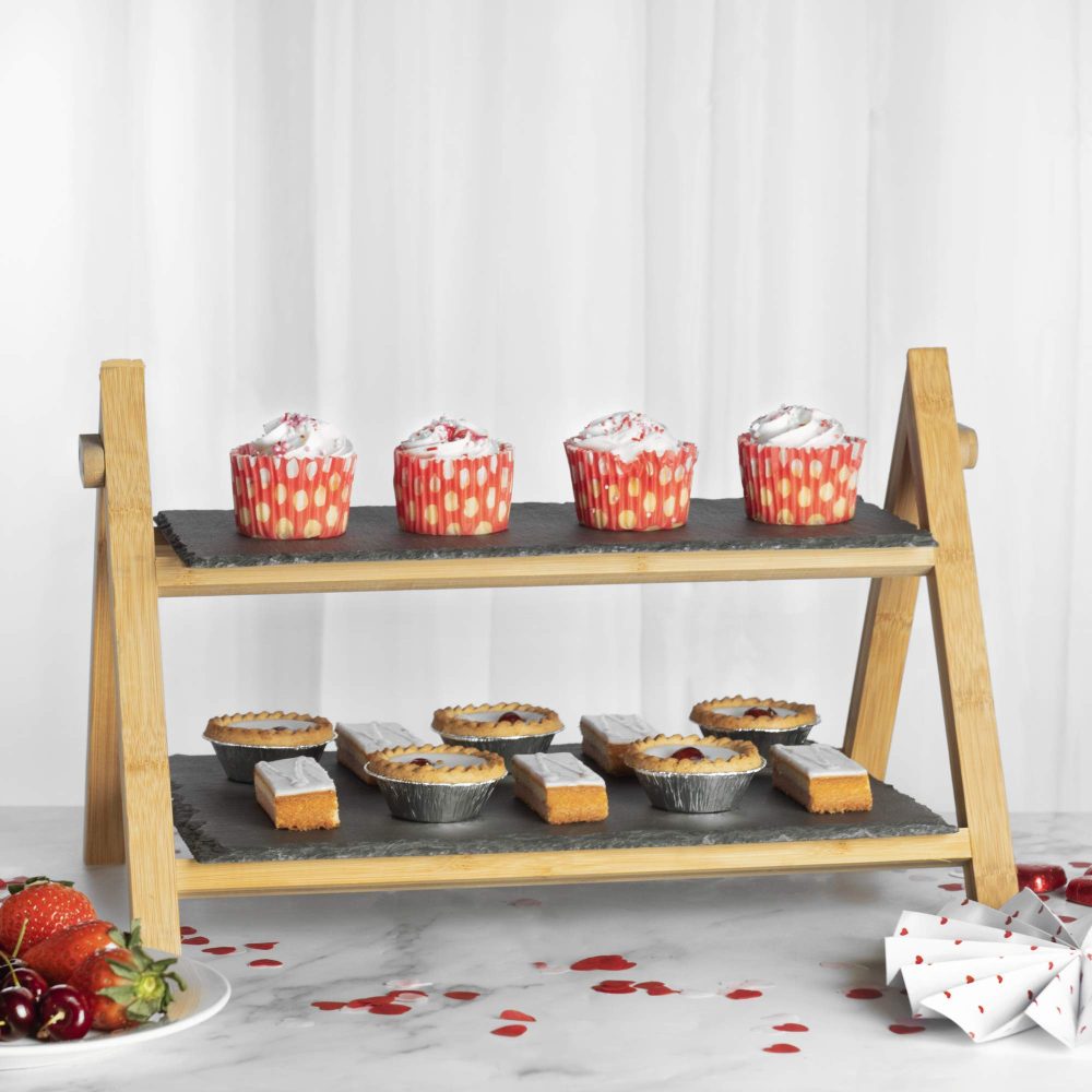 2 Tier Slate Cake Stand | Afternoon Tea Stands | Foldable Food Rack | Rustic Serving Platter for Desserts at Home | Antipasti & Tapas Tray | M&W - Image 2