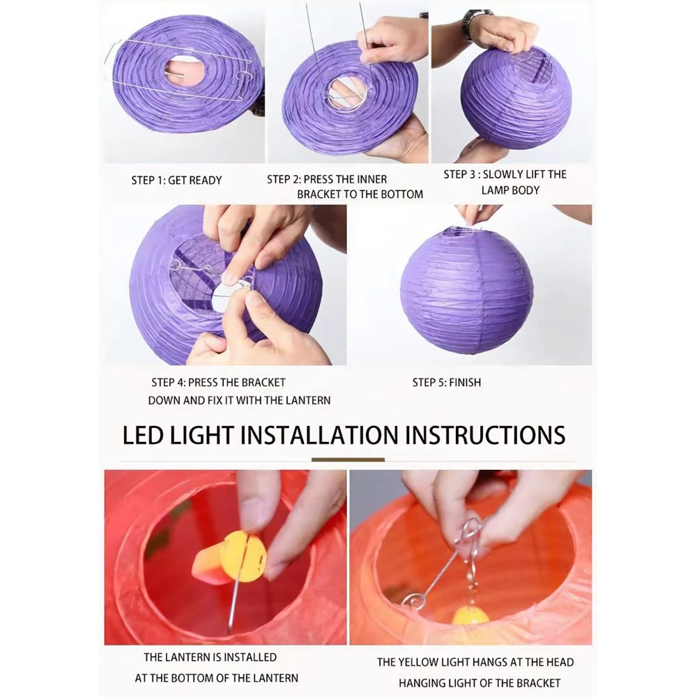 Qlisytpps Paper Lanterns with LED Lights 10 Colours Chinese Japanese Lantern Oriental Style Traditional Asian Bedroom Paper Lamp for Home Wedding Party Decoration 8 Inch (5pcs) Free 2 Spare Lights - Image 6